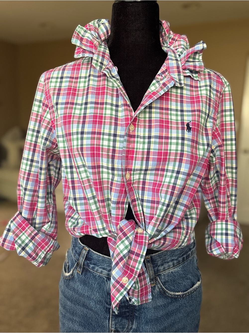 Reworked Ralph Lauren Pink Green Blue Plaid Button-Down Shirt